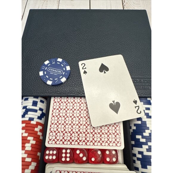 Coach Navy Leather Poker Set Cards Dice Chips In Leather Case Box & Ribbon EUC - Picture 3 of 5